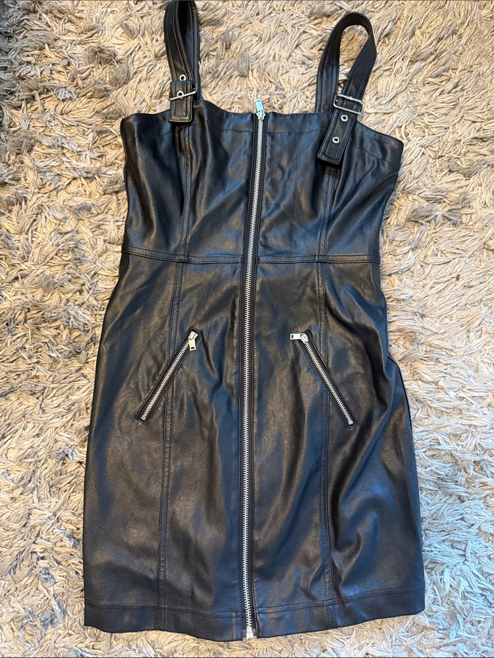 H&M Black Faux Leather Zip-Front Mini Dress